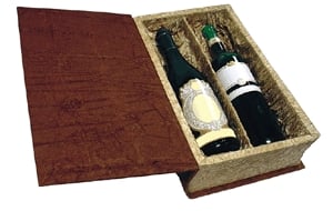 Gyűrött kartonból készült dupla bortaró doboz (könyv alakú, világosbarna)