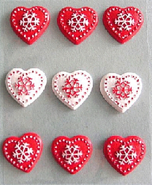 Karácsonyi dekoráció - kerámia szívek, piros és fehér, 2,5 cm